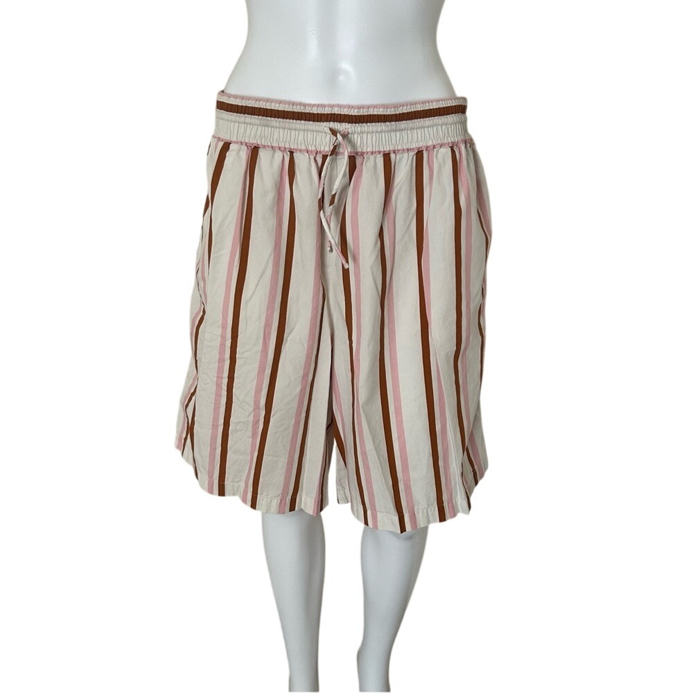 Anthropologie Pink Brown Beige Striped Boxy Oversized Bermuda Shorts Size Medium